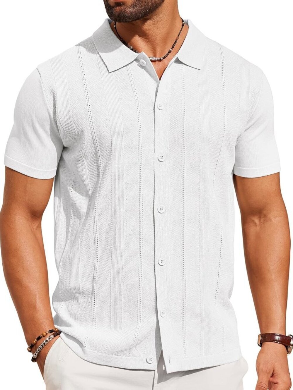 Men's White Knit Short Sleeve Button Down Polo premium lightweight Shirt